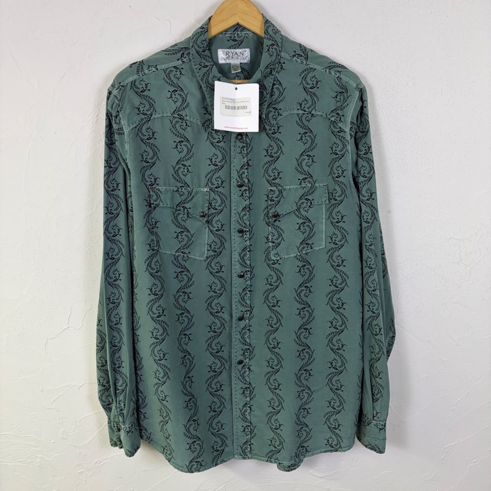 Ryan Michael Shirt Mens Large Green Silk Western Snap Long Sleeve New Scroll
